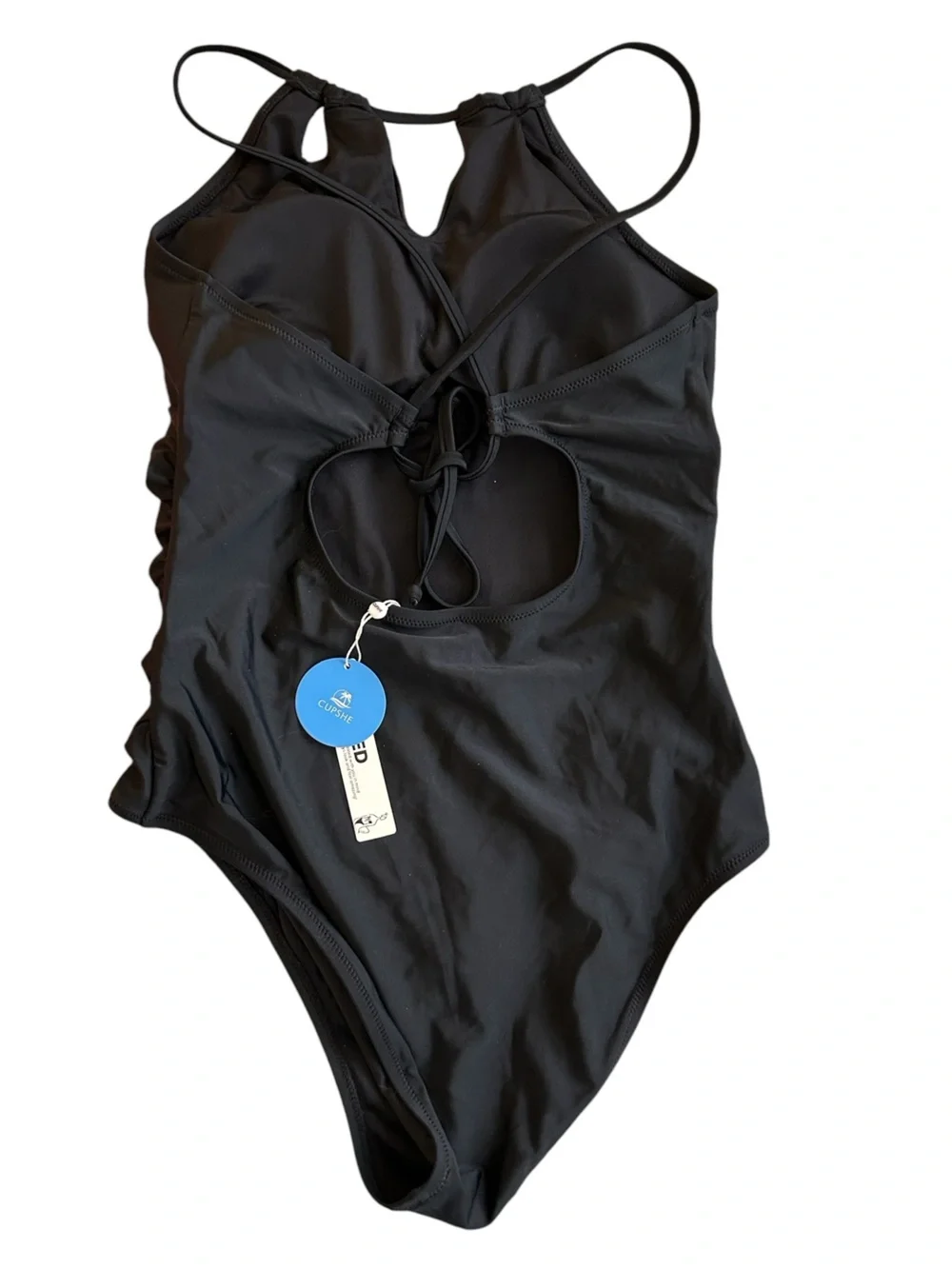Black Halter-Keyhole Minimalist One-Piece Swimsuit - Crisscross Back Straps - L
